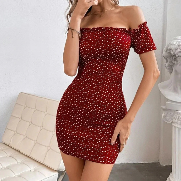 Burgundy Boho Women Heart Print Off Shoulder Frill Trim Knitted Bodycon Dress - Picture 4 of 5